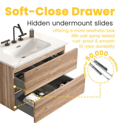 Gloria 30" Wall Mounted Rough Oak Bathroom Vanity - Storage & Sink
