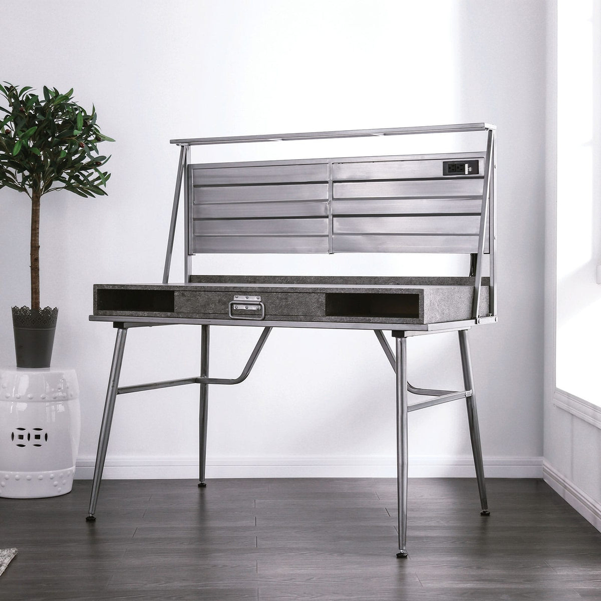 Silver Metal Computer Desk - 1 Drawer & 2 Shelves for Home Office