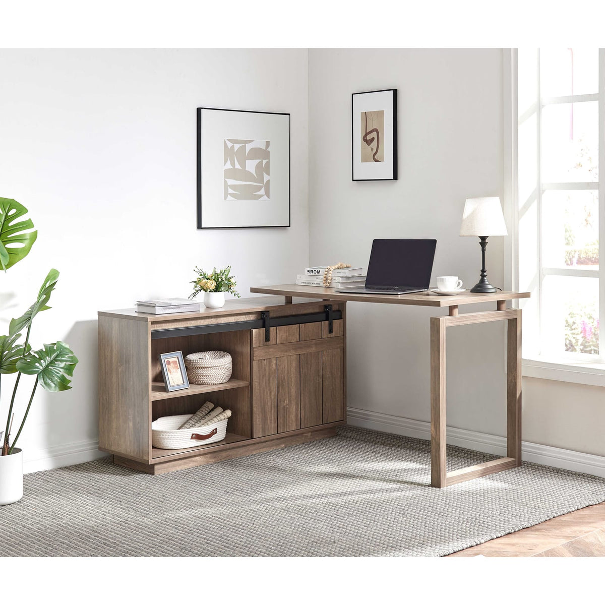 L-Shaped Brown Office Desk with Storage Credenza