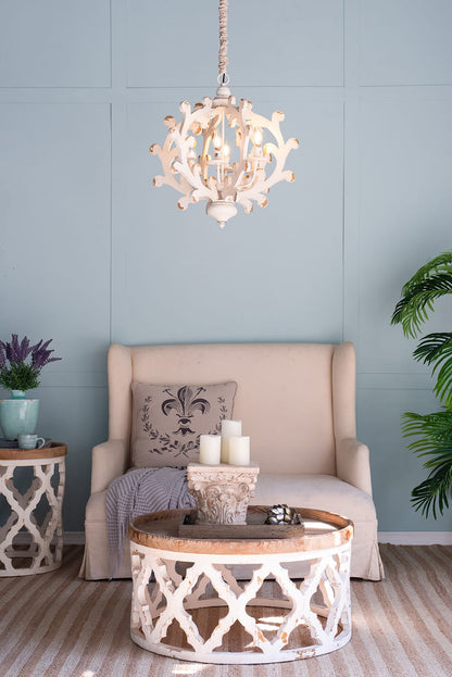 6-Light Wood Chandelier - White MDF, Adjustable Chain