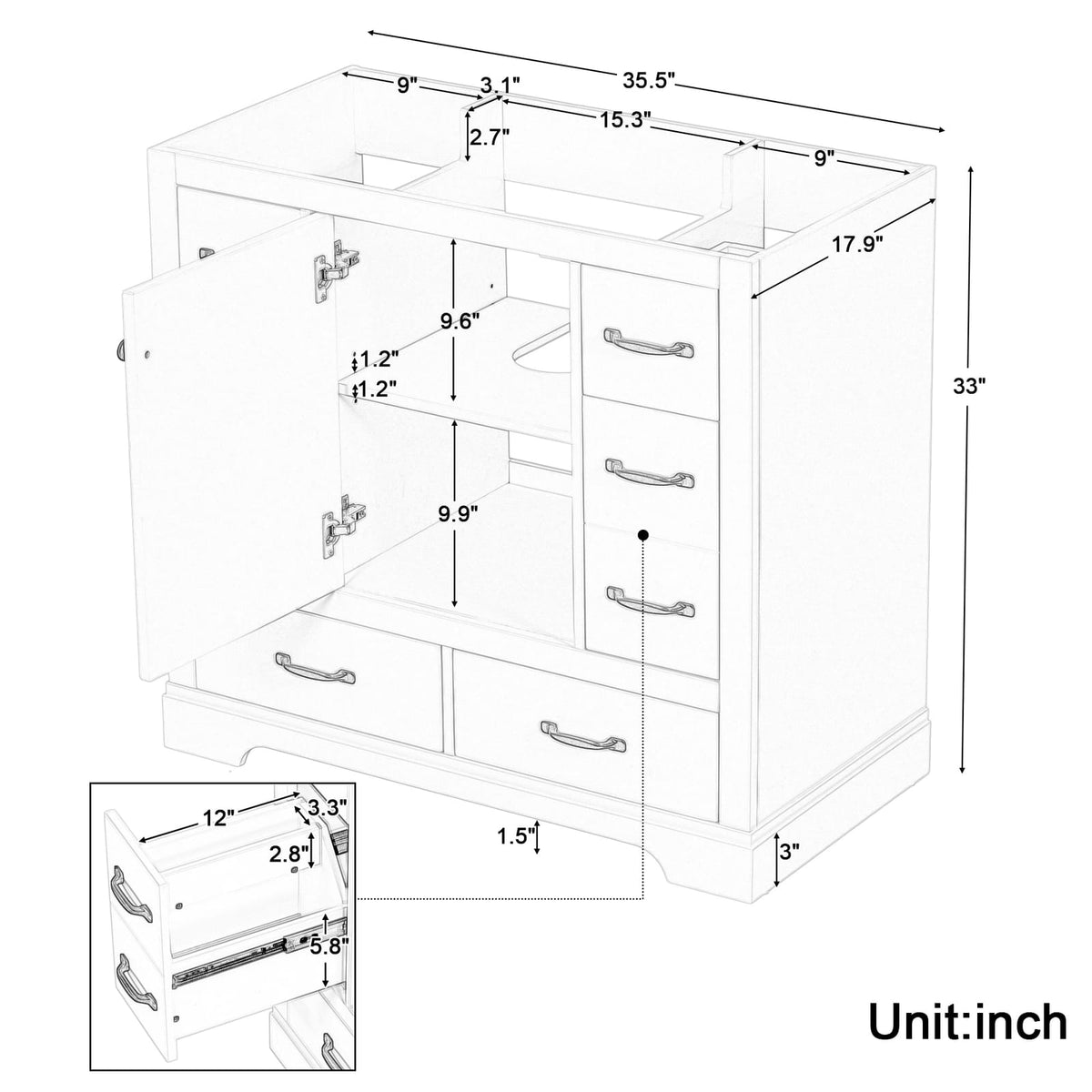 Grey Solid Wood Bathroom Vanity Cabinet Base with Six Drawers