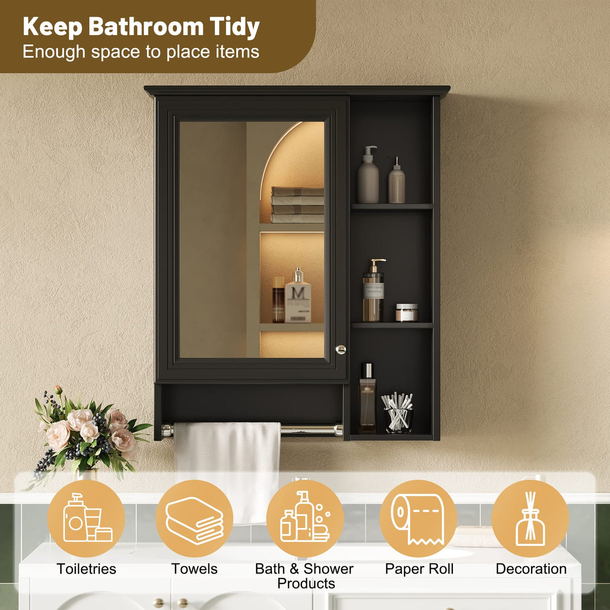 Black Bathroom Storage Cabinet - Wall Mounted Mirror Cabinet