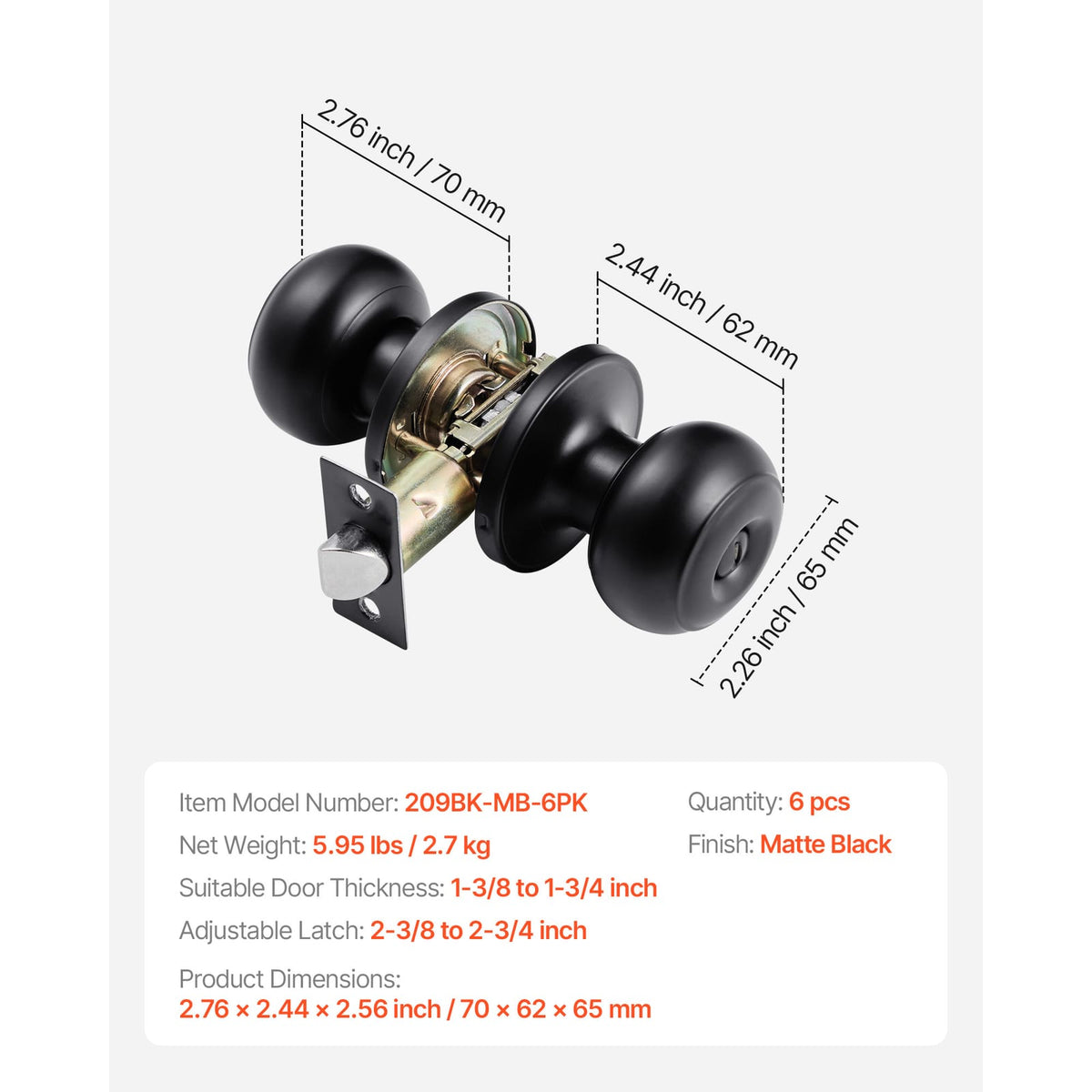 Matte Black Stainless Steel Door Knobs - 6 Pack