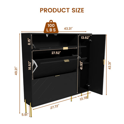 Black MDF Shoe Storage Cabinet - Flip-Up Drawers & Shelves