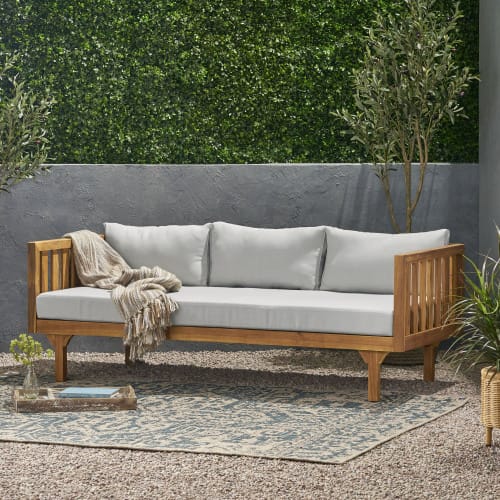 Light Gray Acacia Wood Patio Daybed & Coffee Table Set - 3 Seater Outdoor Furniture