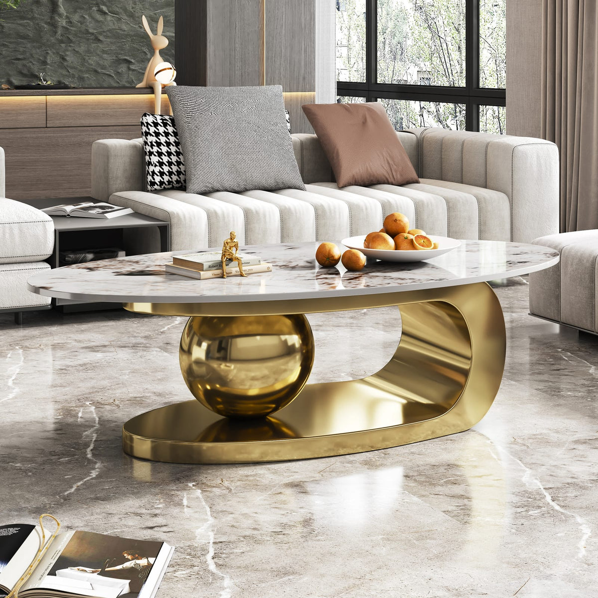 Gold Oval Faux Marble Coffee Table - Modern Living Room Style