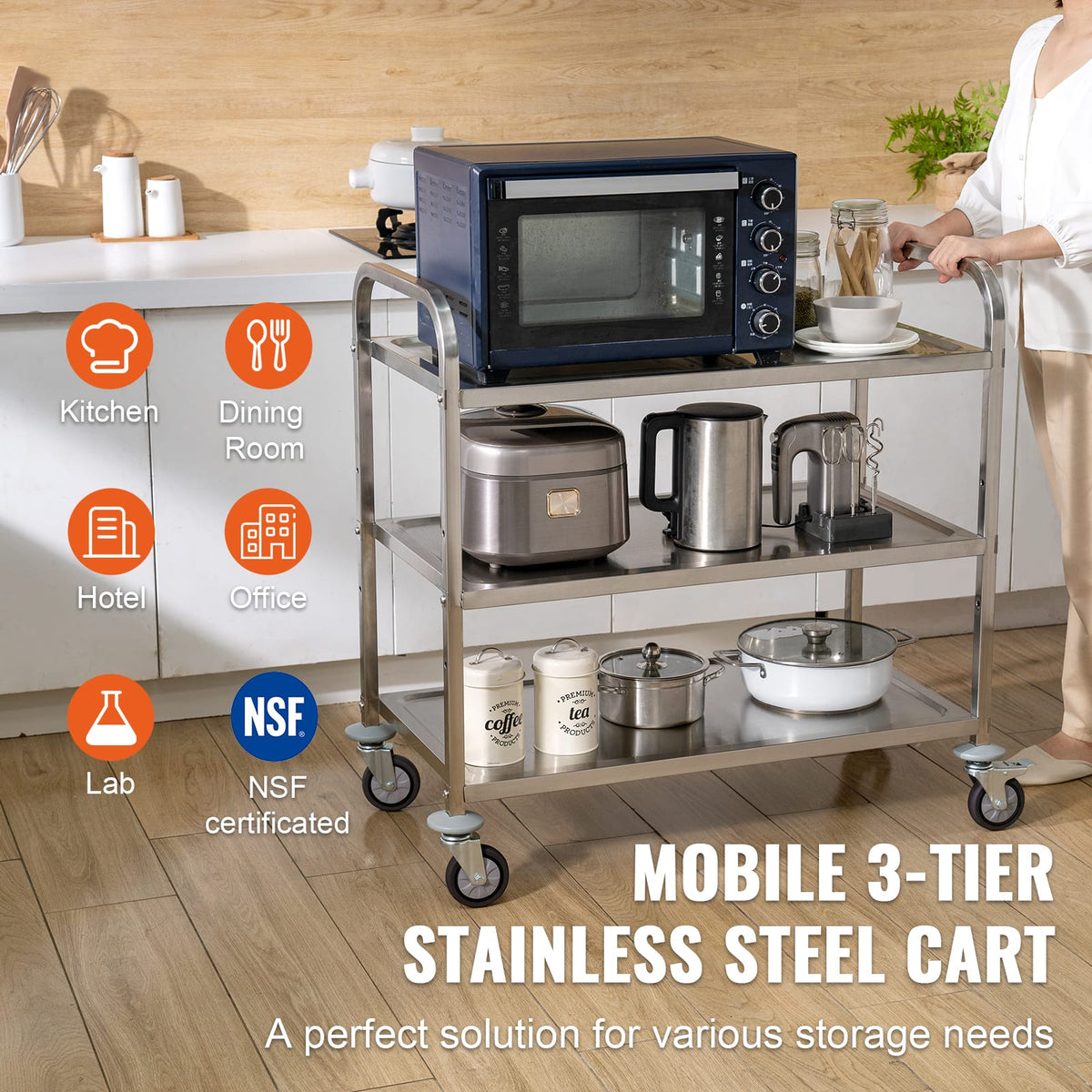 3-Tier Kitchen Utility Cart - Steel Gray Rolling Storage Trolley
