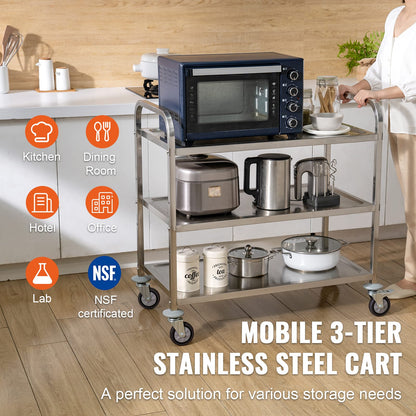 3-Tier Kitchen Utility Cart - Steel Gray Rolling Storage Trolley