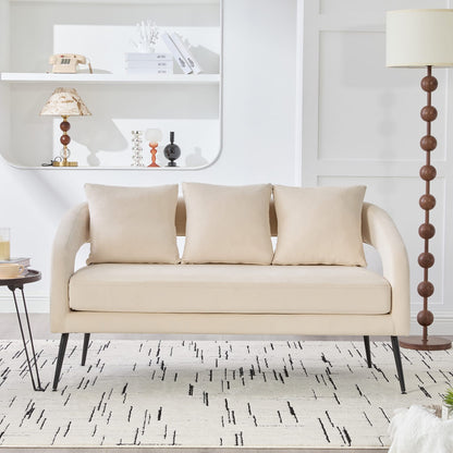 Beige Velvet Loveseat - Modern Open Back Sofa with Metal Legs for Living Room