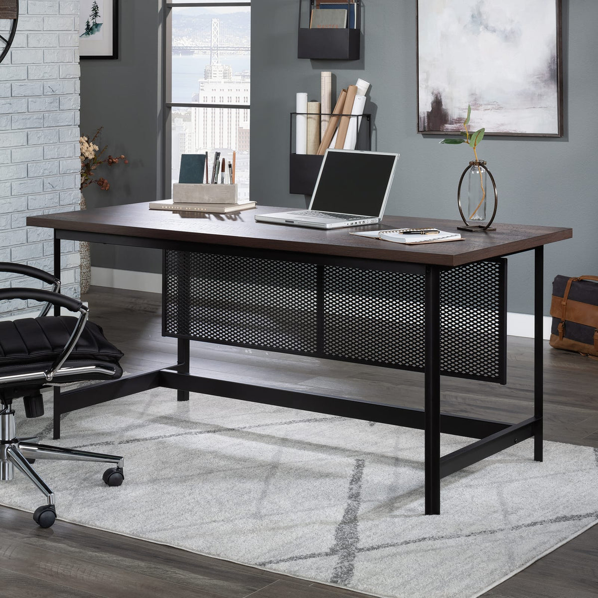 Industrial Brown Executive Desk for Home Office Productivity
