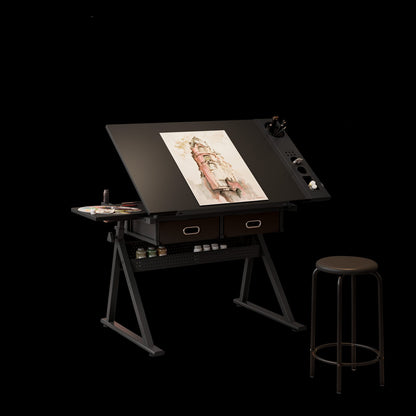 Adjustable Drafting Desk with 2 Drawers - Black MDF Metal for Home Office