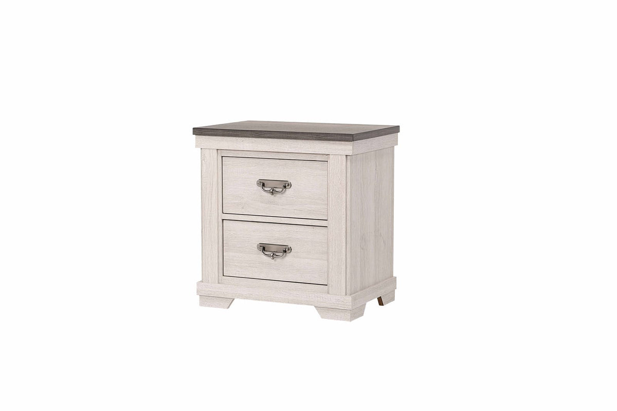 Beige Gray White Two Drawer Nightstand - Farmhouse Bedroom Nightstand