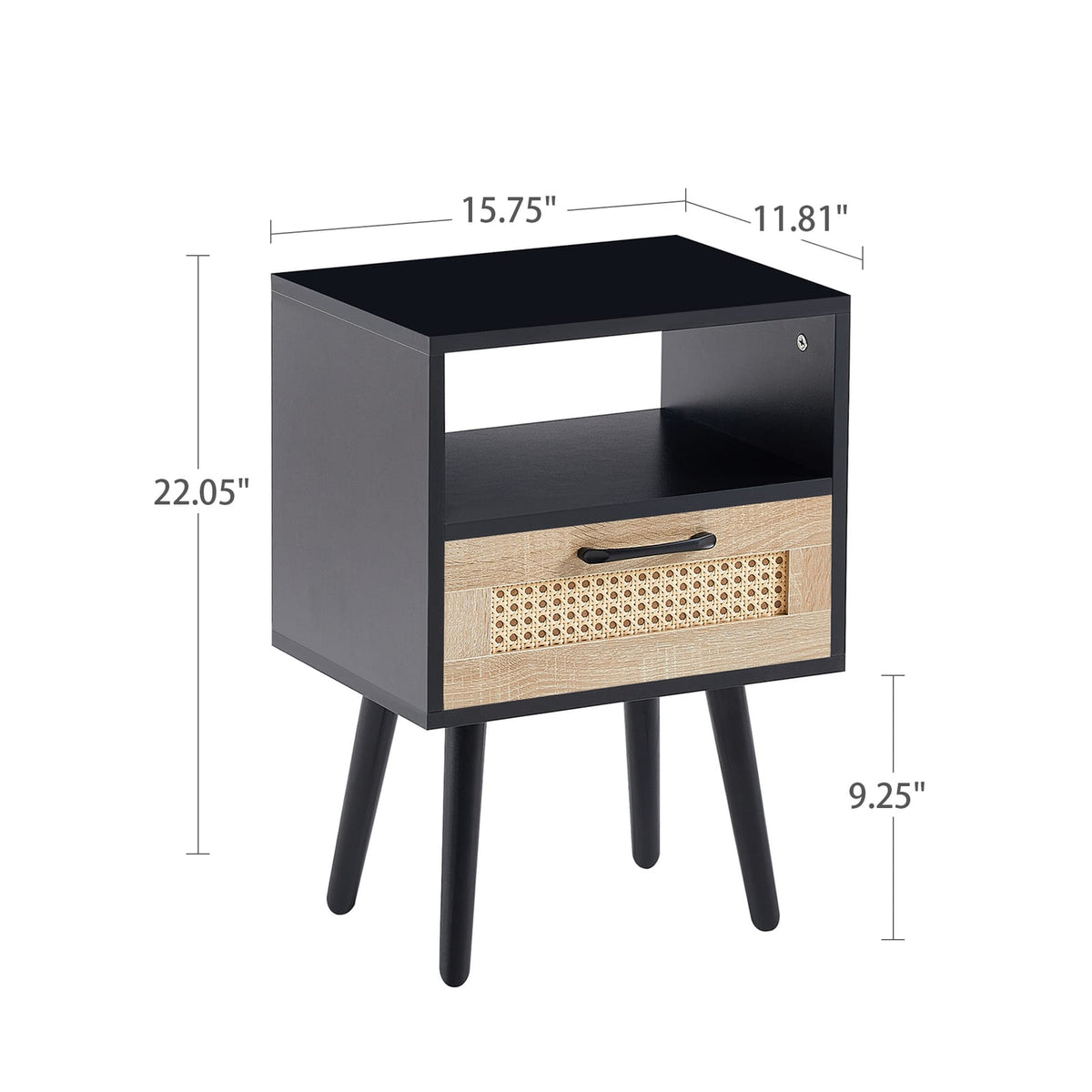Black Rattan End Table with Drawer - Bedroom Nightstand