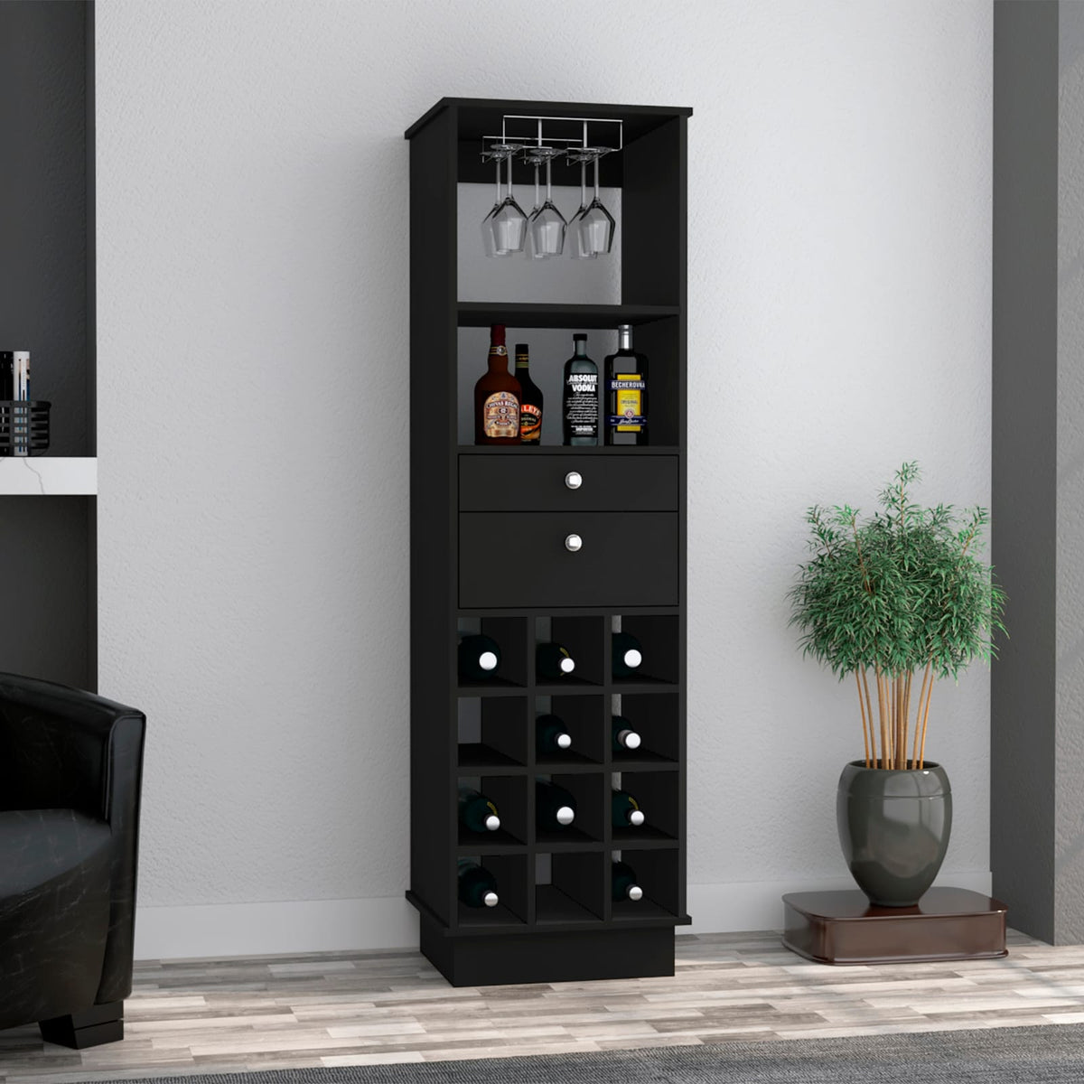Wenge 12 Bottle Bar Cabinet - 18.2" W x 15.7" D x 63.2" H