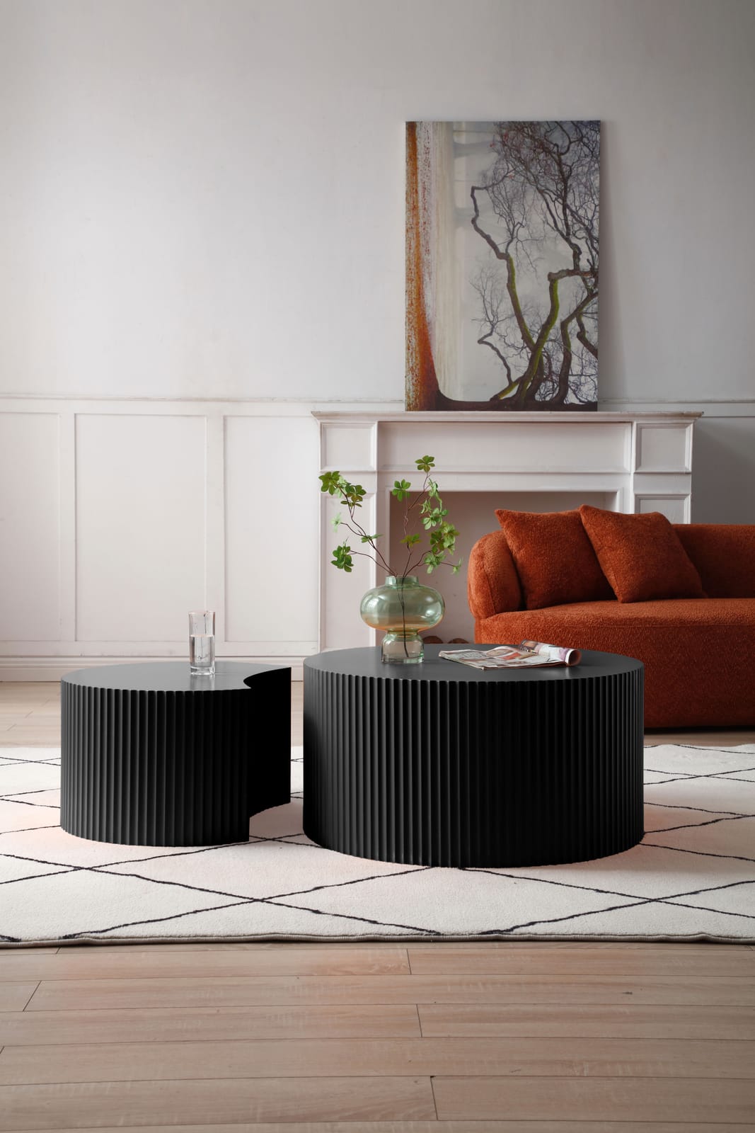 Black Nesting Side Table Set - 2 Round Tables for Living Room