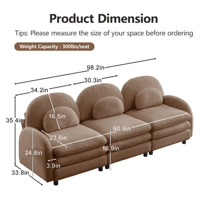 Teddy Fabric 3-Seat Sofa - Camel, Curved Backrest & Soft Cushions
