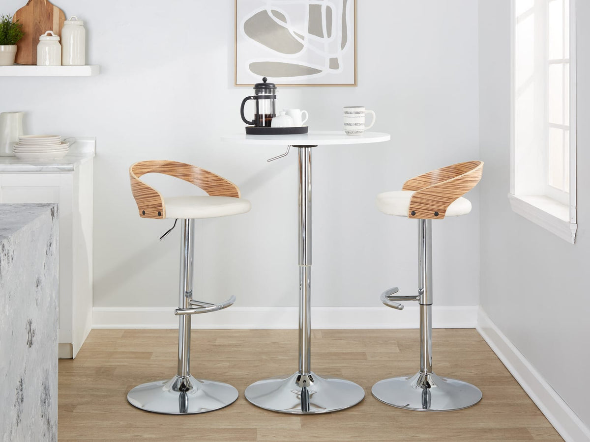 Adjustable Barstool Set - Chrome, White Faux Leather Dining Seating