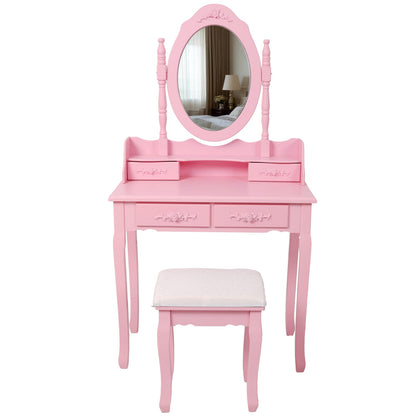 Pink Princess Vanity Desk Set - 4 Drawers, Mirror & Stool