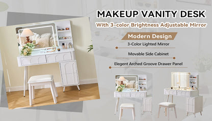 White Makeup Vanity Desk with LED Mirror & Stool - 4 Drawers for Bedroom