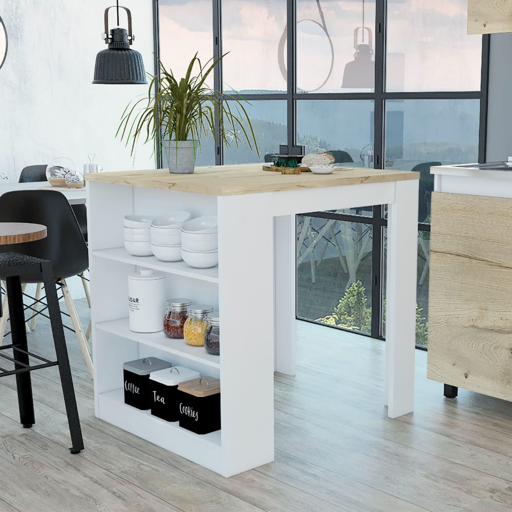 White Particle Board Kitchen Storage Island with Pine Accents