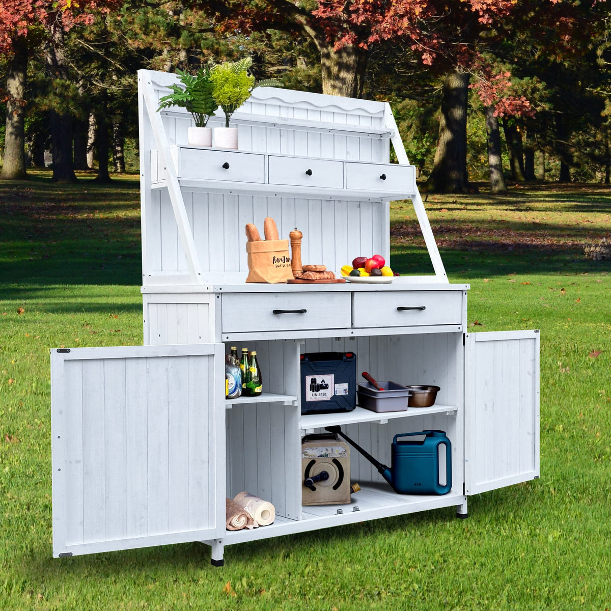 White Farmhouse Outdoor Potting Bench with Storage Cabinet for Garden