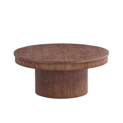 Walnut Round Coffee Table with Wave Trim, MDF for Living Room
