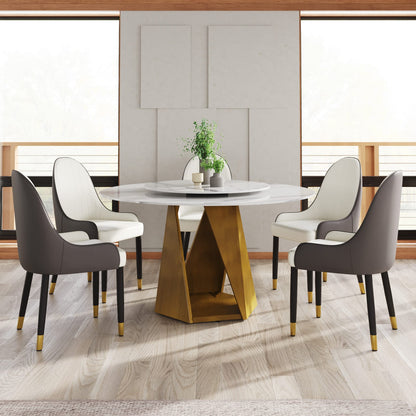 53" Round Marble Dining Table - Bronze Iron Base, White Stone