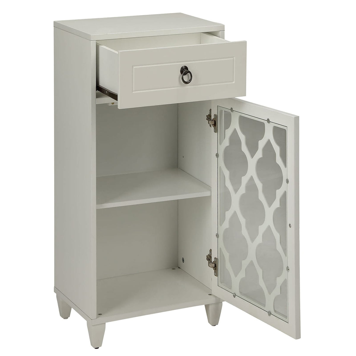 White Side Table with Drawer and Door - Compact Design for Living Room