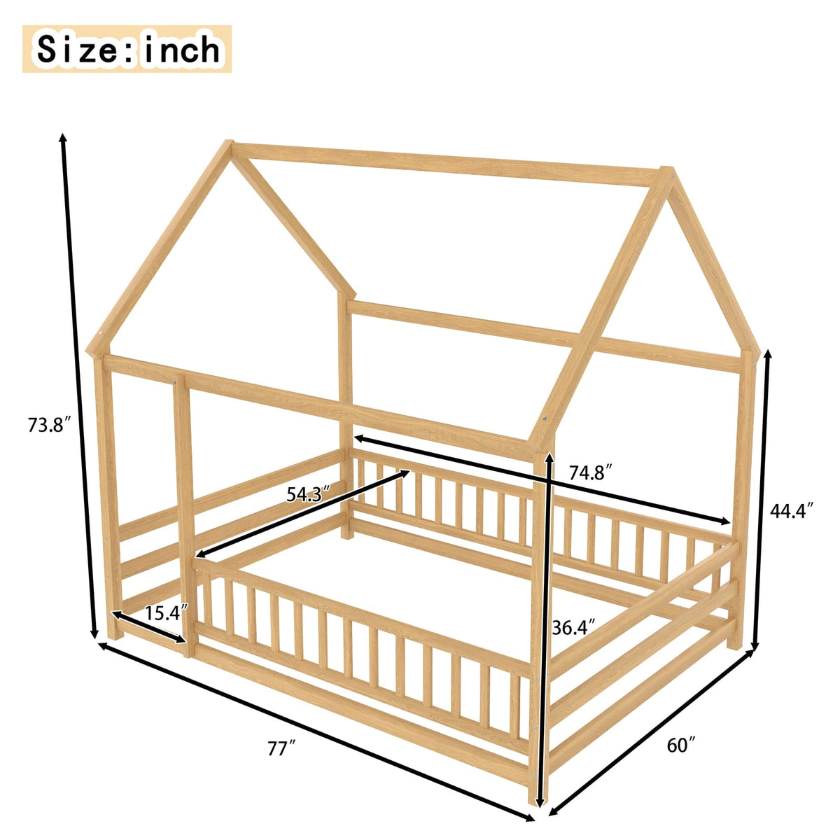 Full Size Wooden Bed with House Roof Frame - Natural for Bedroom