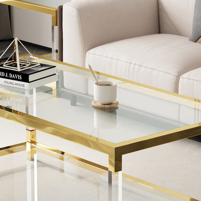 Living Room Golden Acrylic Coffee Table - Transparent Glass Top, 47.2" Modern Design