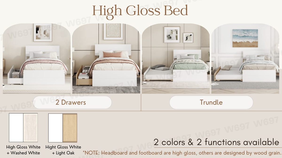 Modern Twin Bed Frame with Light Oak Trundle - White High Gloss