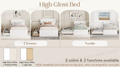 Modern Twin Bed Frame with Light Oak Trundle - White High Gloss