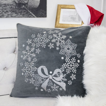 Gray Velvet Holiday Throw Pillow - Snowflake Embroidery, 20x20 with Insert