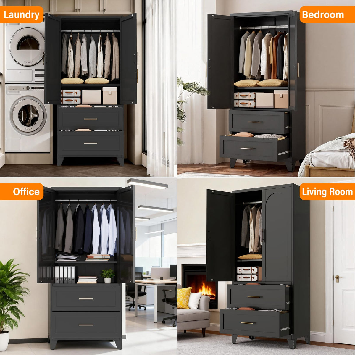 71 Inch Tall Black Steel Wardrobe Cabinet with Drawers