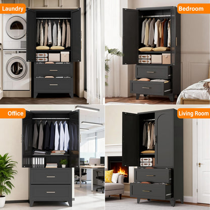 71 Inch Tall Black Steel Wardrobe Cabinet with Drawers