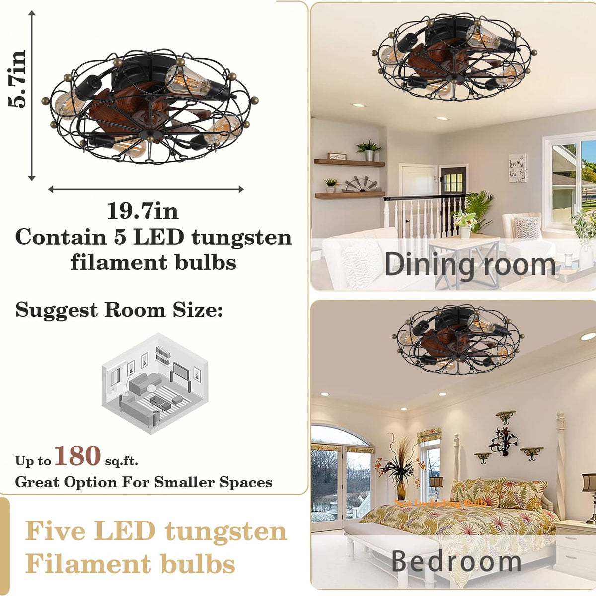 Low Profile Caged Ceiling Fan with Lights - Black Iron