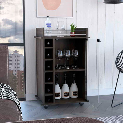 Espresso Particle Board Bar Cart with 6 Liquor Cubbies for Kitchen Storage
