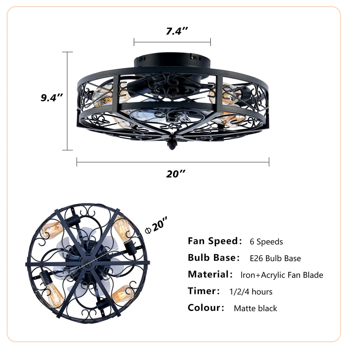 20 Inch Black Ceiling Fan with Remote Control