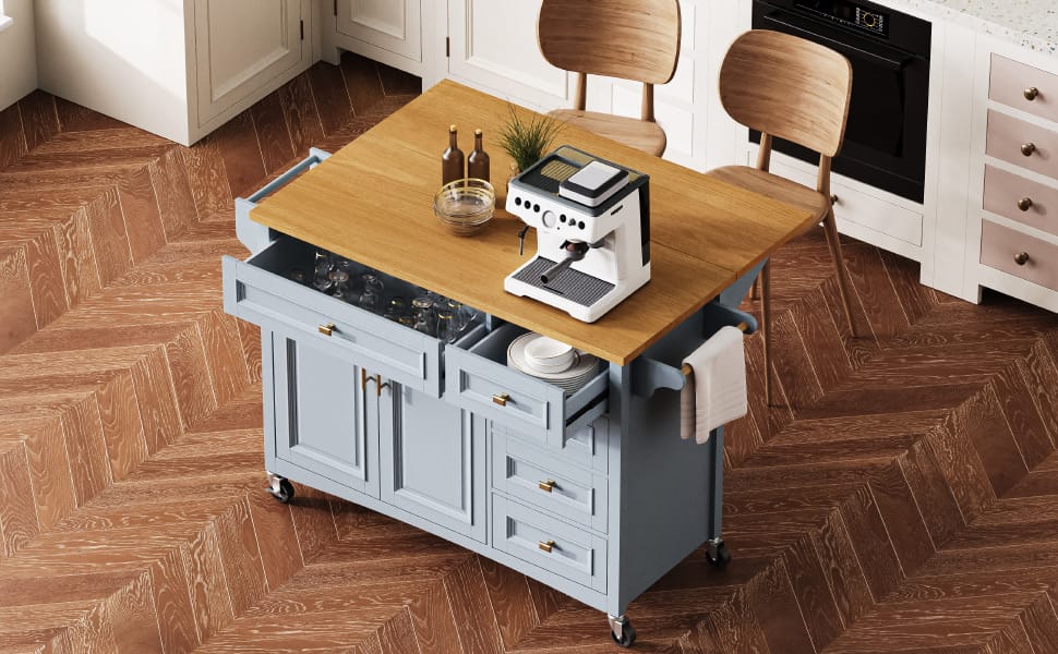 K&K 52" Kitchen Island - Drop Leaf, Blue Grey MDF