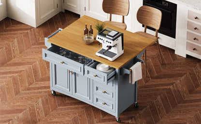 K&K 52" Kitchen Island - Drop Leaf, Blue Grey MDF