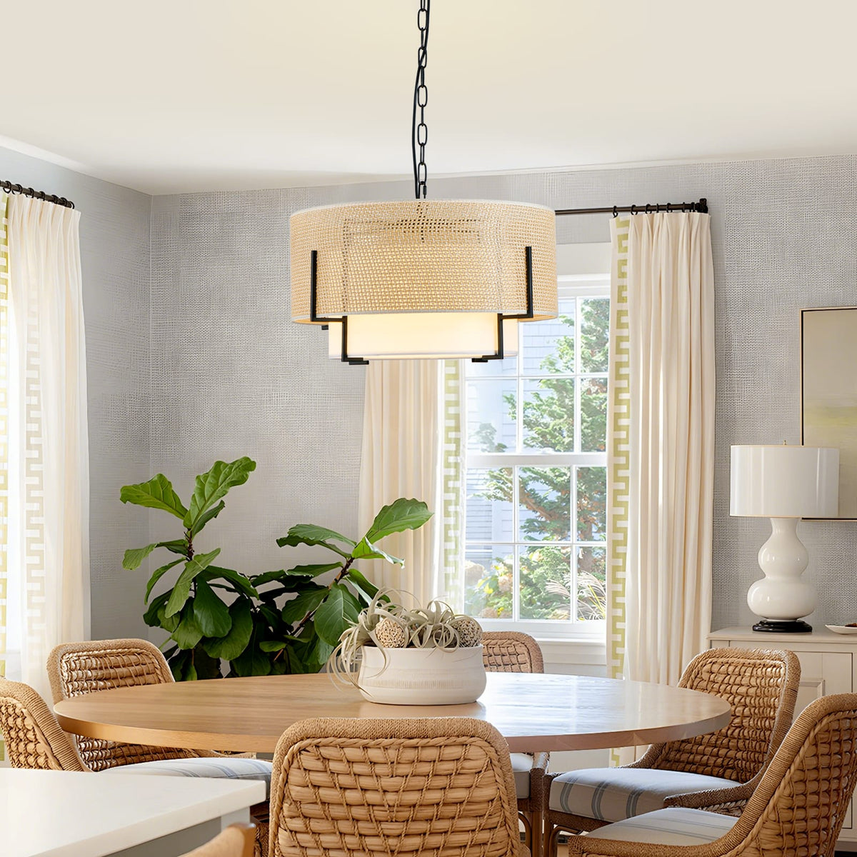 Gold Rattan Chandelier - 19.7" Farmhouse Boho Lighting