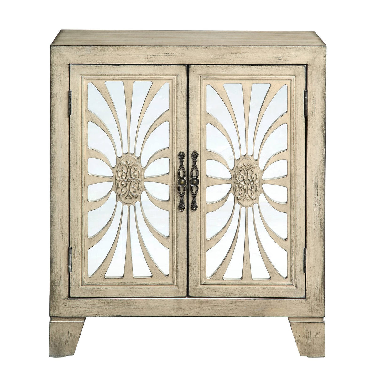 Antique White Console Table with Mirrored Doors - Storage & Style for Living Room