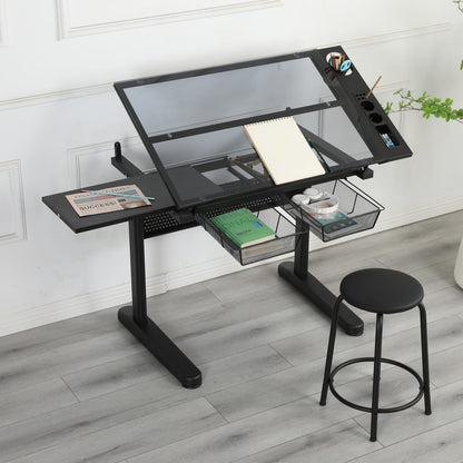 Hand Crank Adjustable Drafting Table - Black with Stool