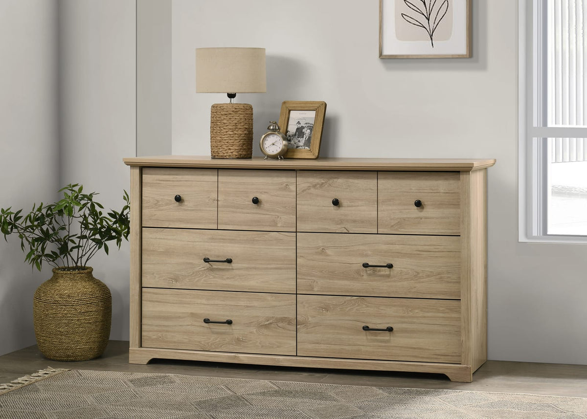 Elara 57"W Light Oak Dresser - 6 Drawers, Black Hardware