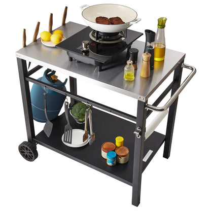 Black Iron BBQ Grill Cart with Stainless Steel Table - 35" Kitchen Island