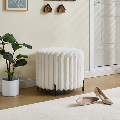 Beige Faux Fur Round Pouf Ottoman - Lightweight Foot Rest for Living Room