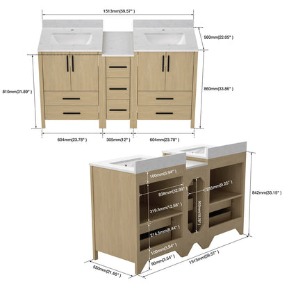 Natural Wood Bathroom Vanity Cabinet - 60" Double Sink