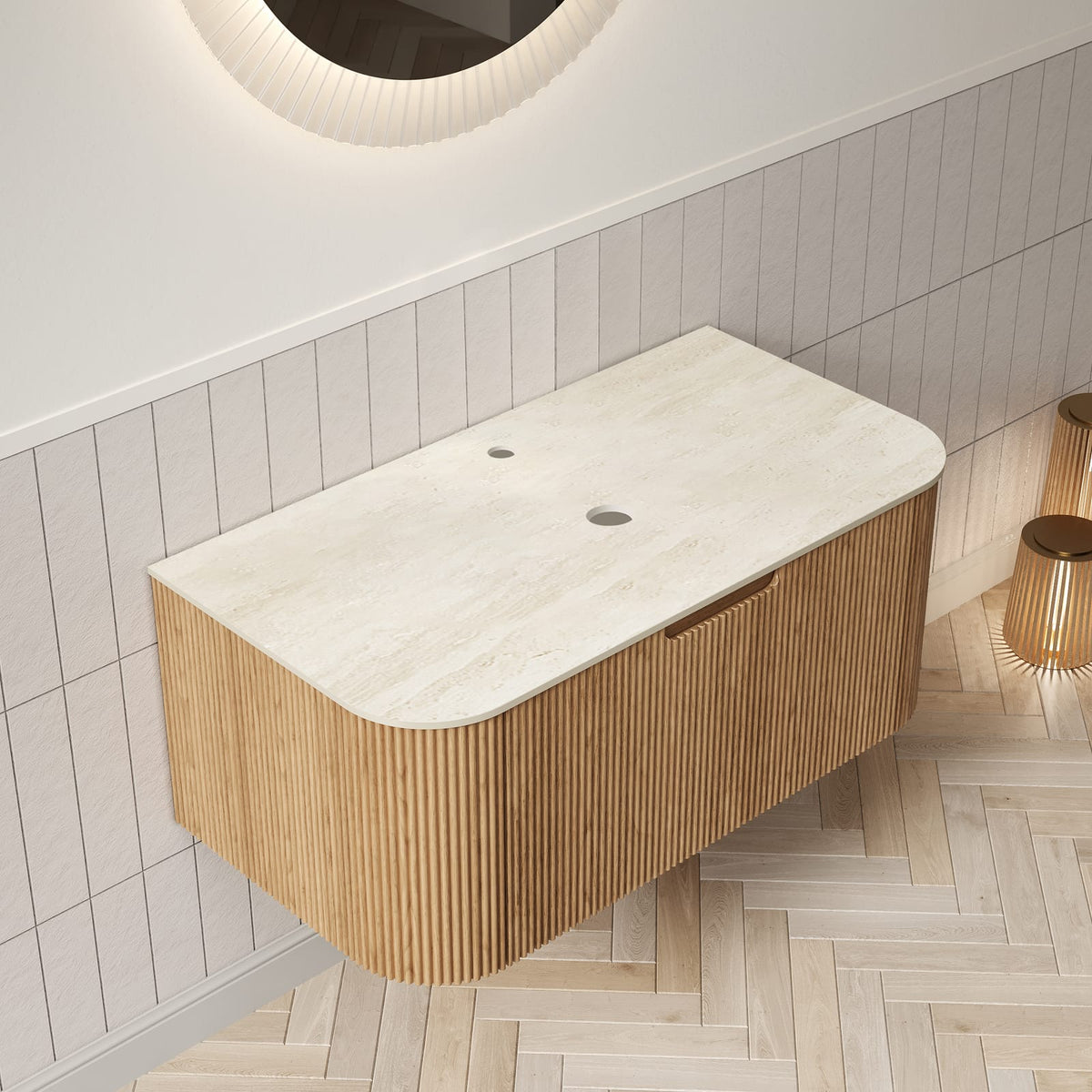 35.8" Beige Bathroom Vanity with Natural Wood Countertop