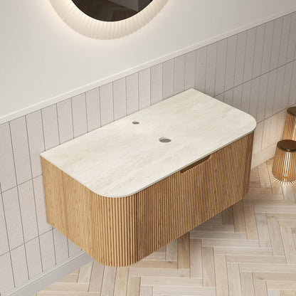 35.8" Beige Bathroom Vanity with Natural Wood Countertop