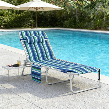 Folding Tanning Chair with Side Table - Blue Stripe for Living Room